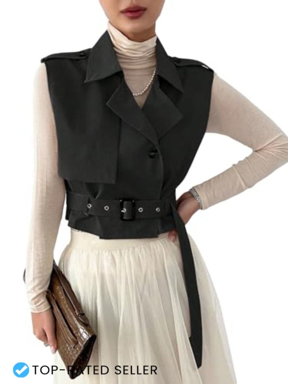 Sleeveless Cropped Trench Coat Belted Lapel Collar Vest Coat